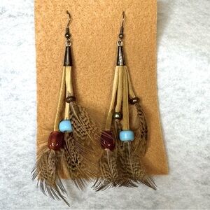 Vintage boho hippie beaded feather tassel earrings